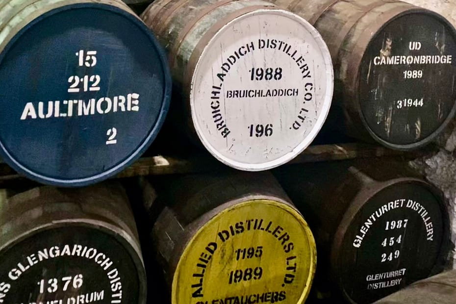 Casks from different Scottish distilleries in Independent Bottler Cadenhead's warehouse