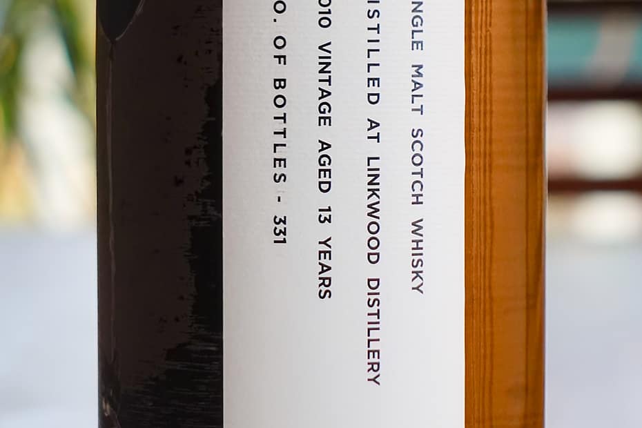 Front label detail of the Thompson Bros. 2010 Linkwood 13-year-old bottle showing age and number of bottles produced (331)