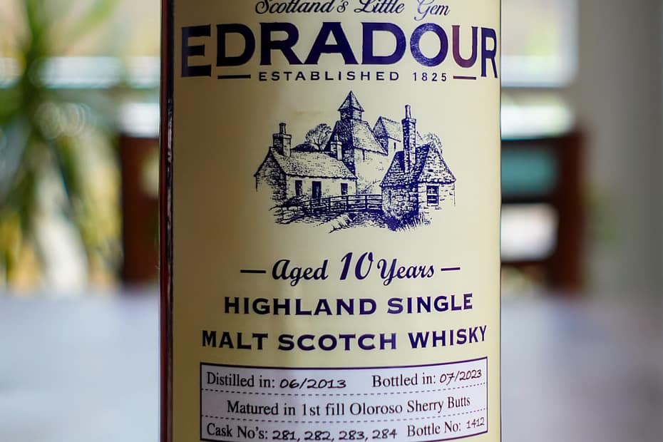 Signatory Vintage Edradour 2013 10 yo label detail, showing the cask numbers (281-284) and the type (1st fill oloroso)