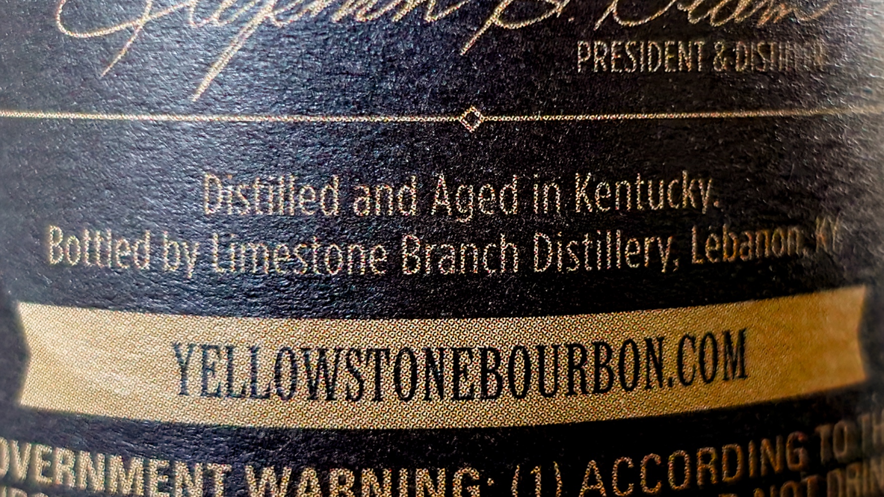 Yellowstone Hand Picked Single Barrel back label detail showing the whisky is generically distilled and aged in Kentucky and only bottled at the Yellowstone distillery