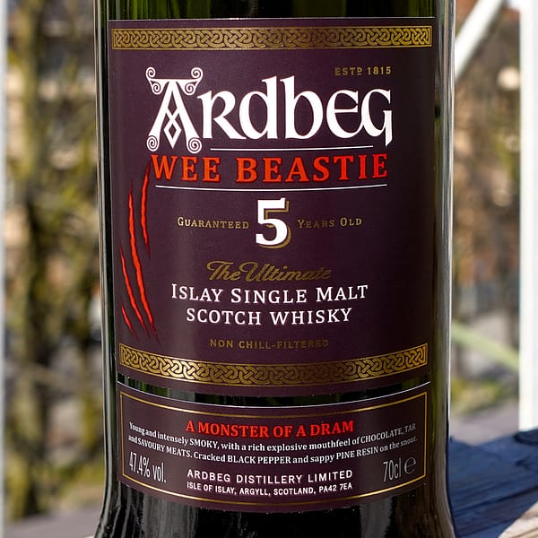 Ardbeg Wee Beastie 5 year old label detail, with the motto "a monster of a dram"