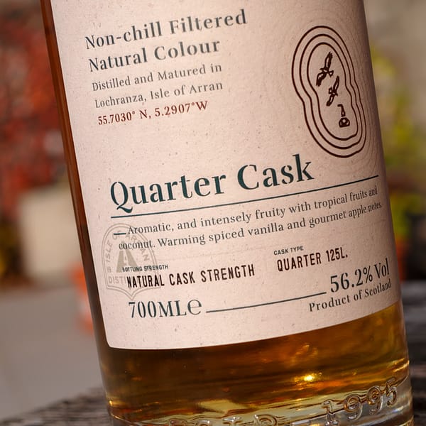 Arran Quarter Cask "The Bothy" label whisky detail highlighting the natural cask bottling strength in quarter cask barrels