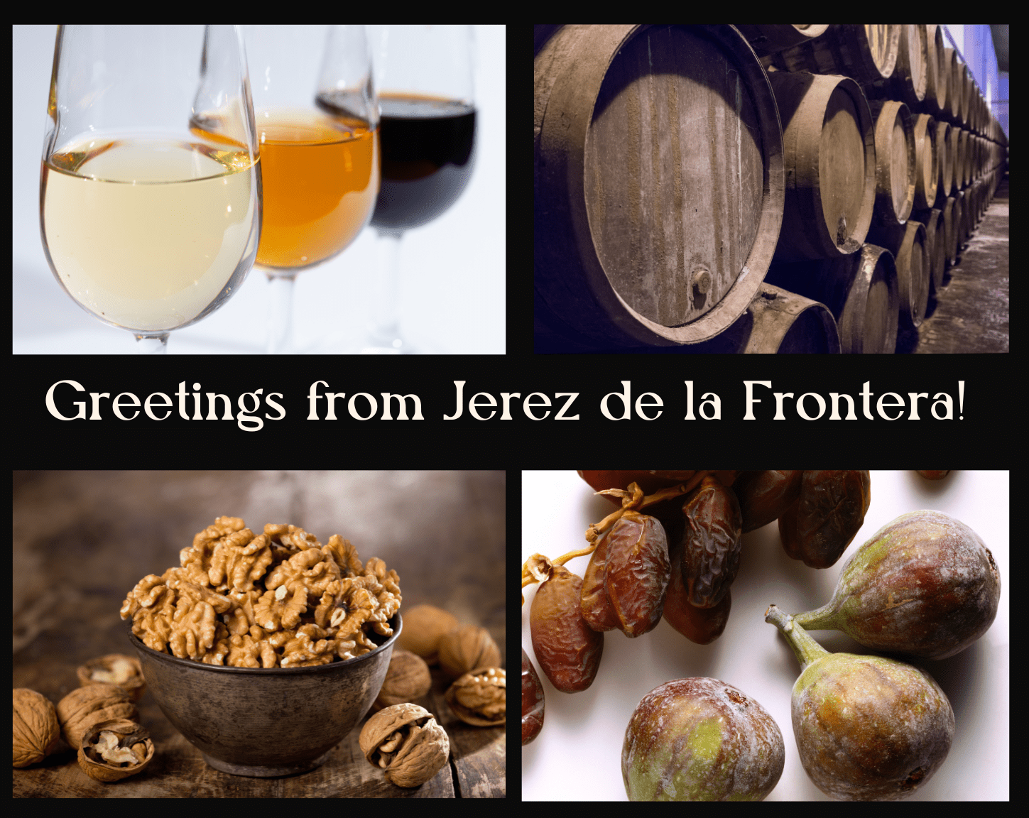 Sherry themed "greetings from Jerez" postcard