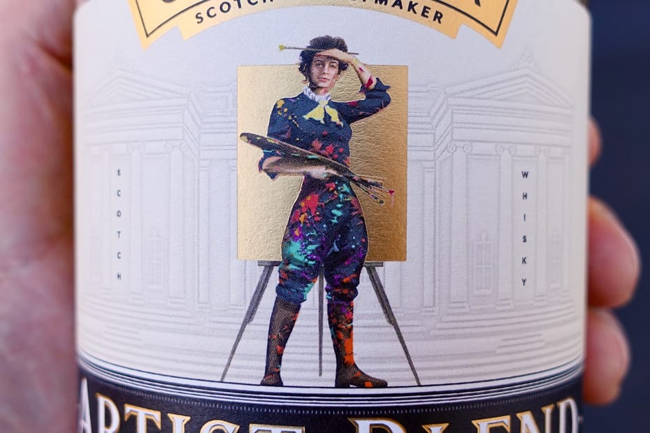 Detail of Compass Box Artist Blend label, showing a painter in front of Edinbourgh's Scottish National Gallery