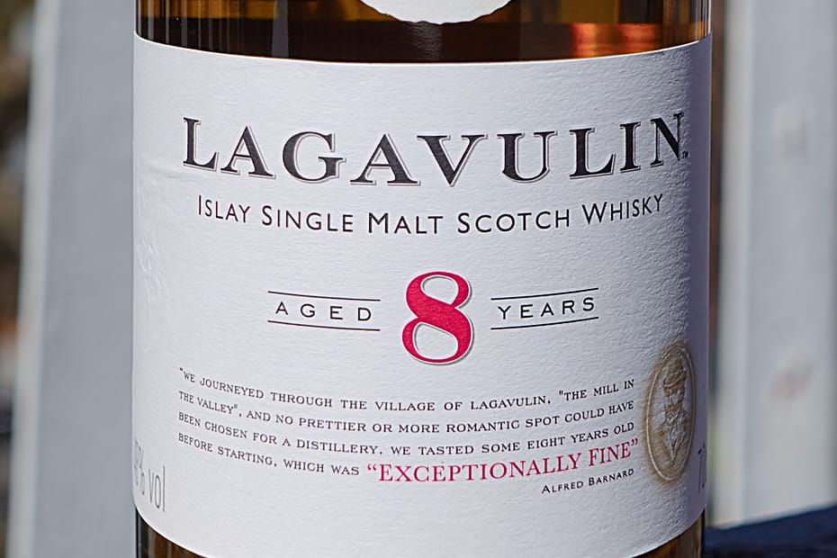 Detail of the Lagavulin 8 bottom label carrying Alfred Barnards quote from the 1880's declaring the 8-year-old as "exceptionally fine"