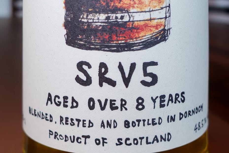 Thompson Bro.s SRV5 Blended Malt Scotch label detail showing the "aged over 8 years" statement