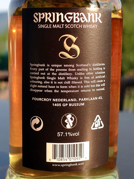 Springbank 100 proof 5 year back label showing the non-chill-fltered and natural colour statements